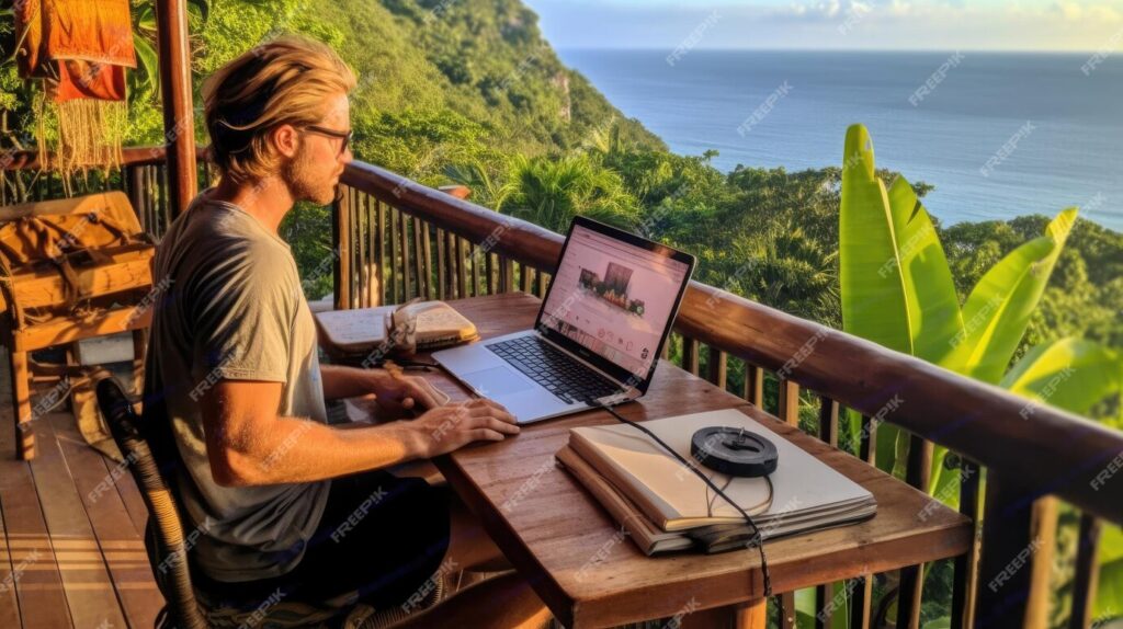 A person working on a laptop at a tropical veranda, representing How Digital Skills Can Secure your Income, the power of online tools to enhance productivity, Income and wellbeing.